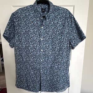 J.CREW Flex Washed Slim Blue Floral Cotton Short Sleeve Button-Up Shirt Men's XL